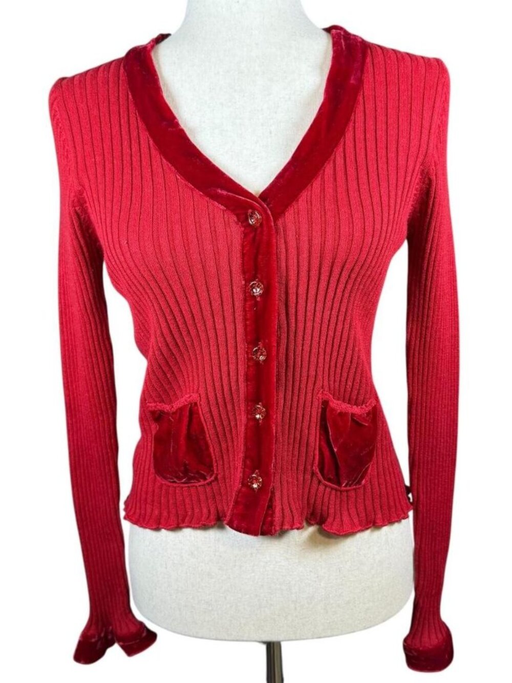 Greendog Red Ribbed Long Sleeve Cardigan
